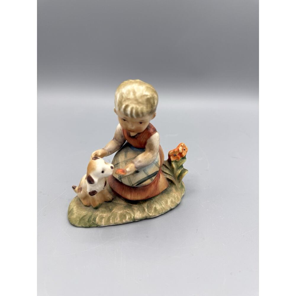 Vintage Alpine Children F-456 Figurine Girl with Dog Porcelain 4.5” Hummel Style